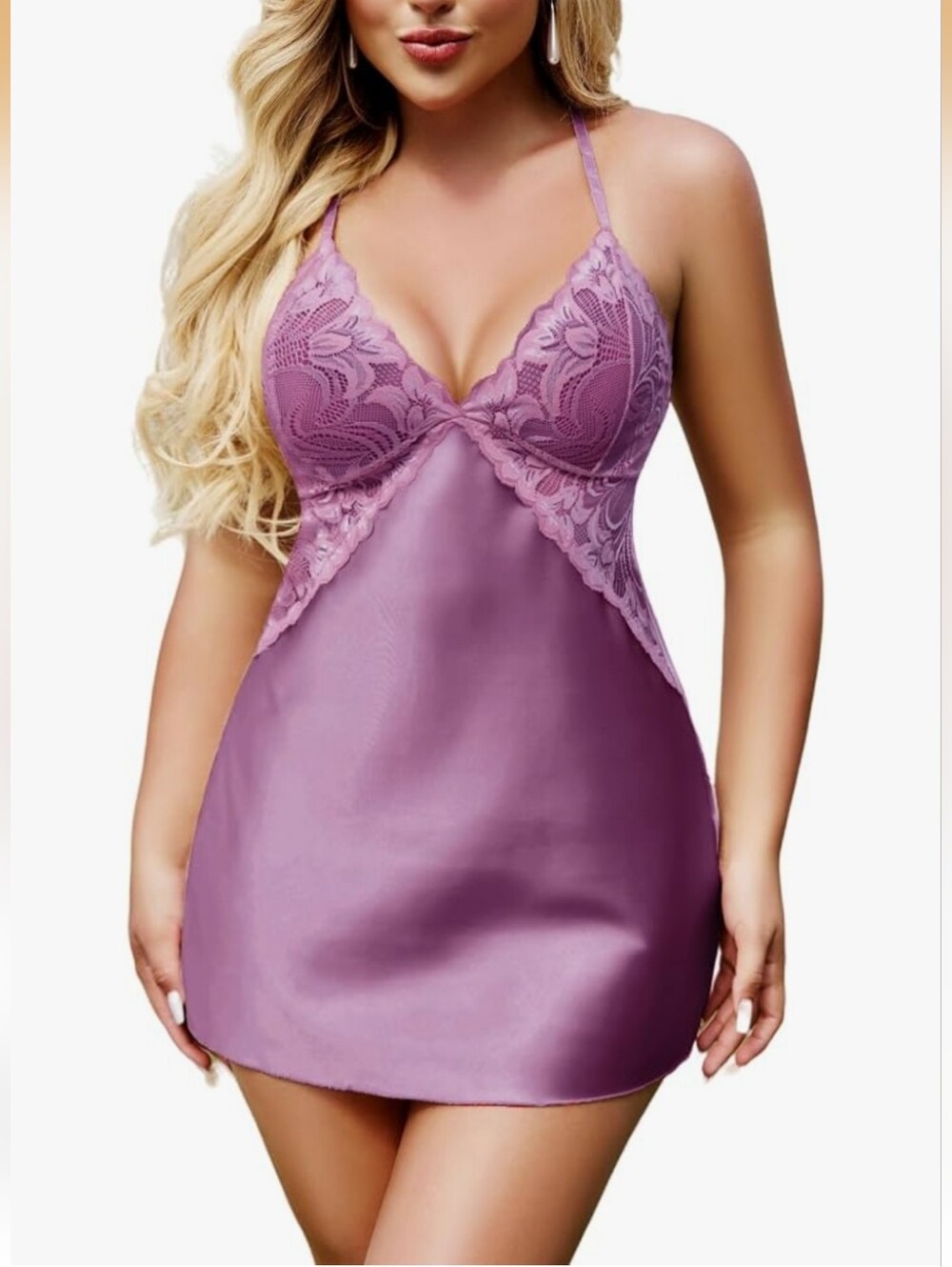 Satin Lace Lingerie V Neck Chemise Mini Babydoll Nightie Lilac Purple 4XL
